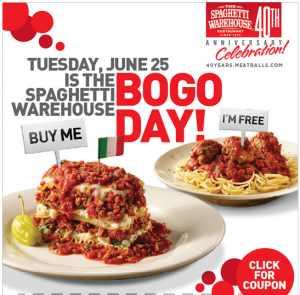 BOGO spaghetti warehouse coupon