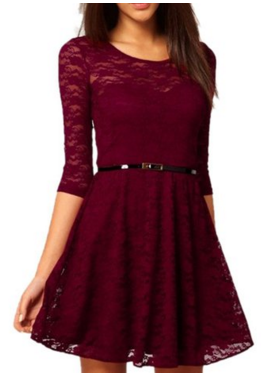 Cute 3/4 Lace Sleeve Dress with Belt