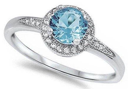 Halo Style Simulated Aquamarine and Crystal Ring