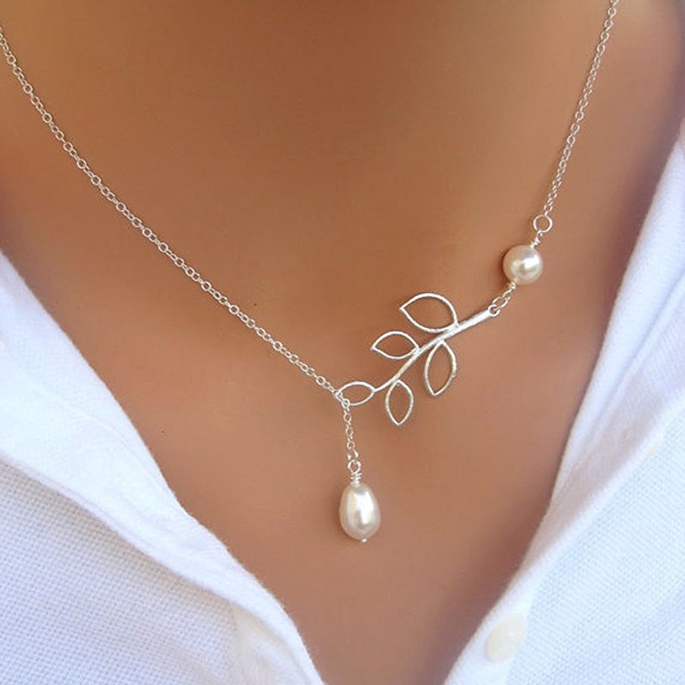 Tree Leaf and Pearl Necklace